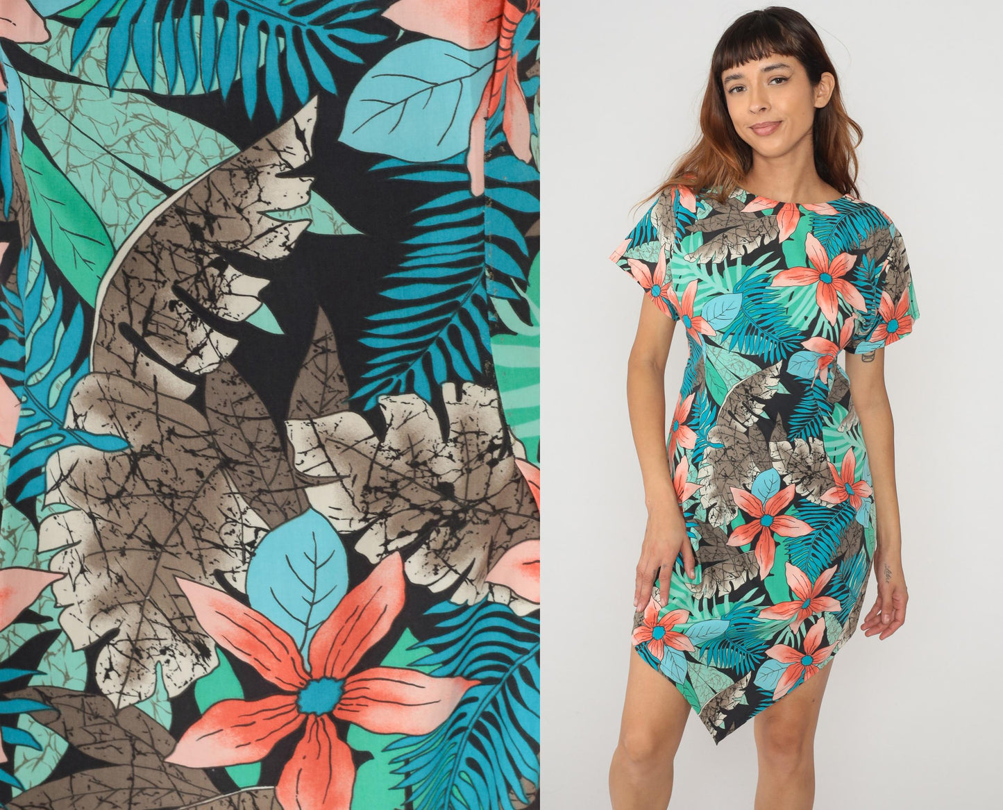 80s Tropical Palm Leaf Floral Asymmetrical Dress Coral Teal Cotton Small