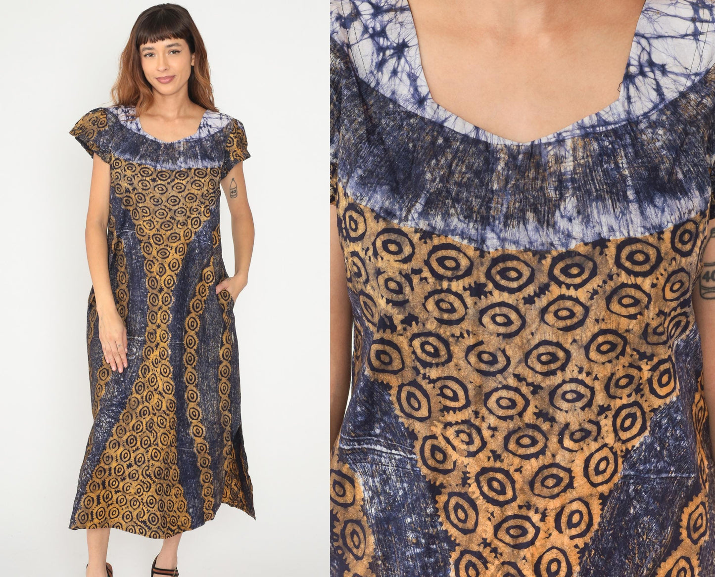 Y2K Tie Dye Blue White Maxi Dress Gold Circular Print Cap Sleeve Medium M