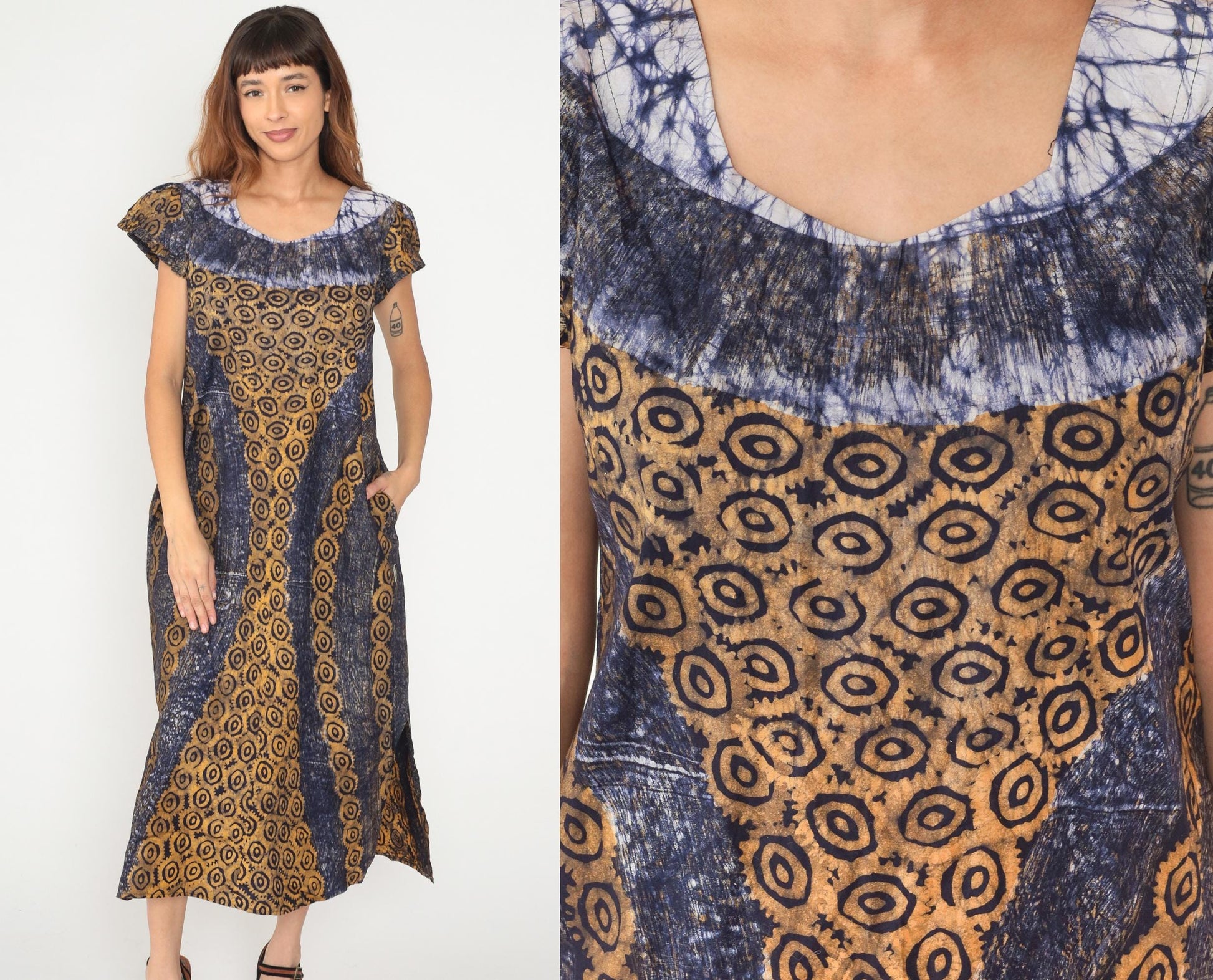 Y2K Tie Dye Blue White Maxi Dress Gold Circular Print Cap Sleeve Medium M