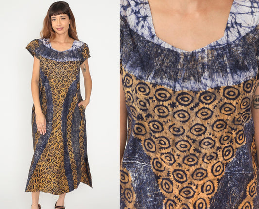 Y2K Tie Dye Blue White Maxi Dress Gold Circular Print Cap Sleeve Medium M