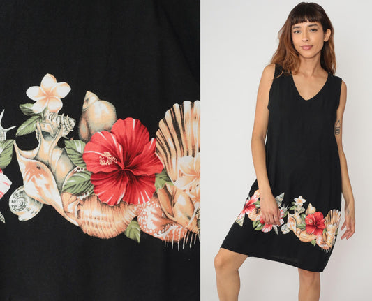 Y2K Black Hibiscus Floral Rayon Shift Dress Knee Length Large L