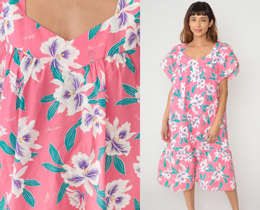 80s Pink Hawaiian Floral Dress V-Neck Flutter Sleeve Knee Length Plus Size XXL