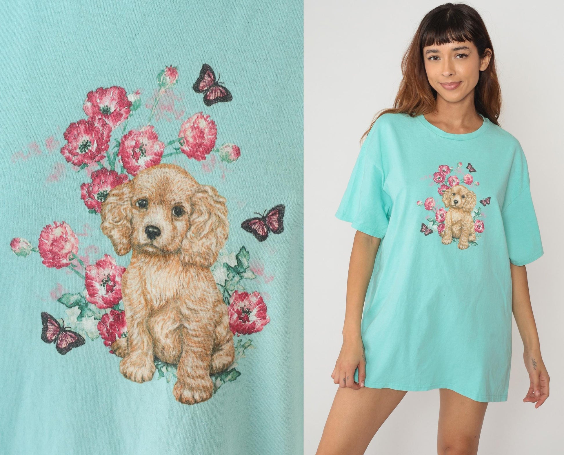 90s Cocker Spaniel Puppy Graphic Tee Turquoise Floral Butterfly Cotton Extra Large XL