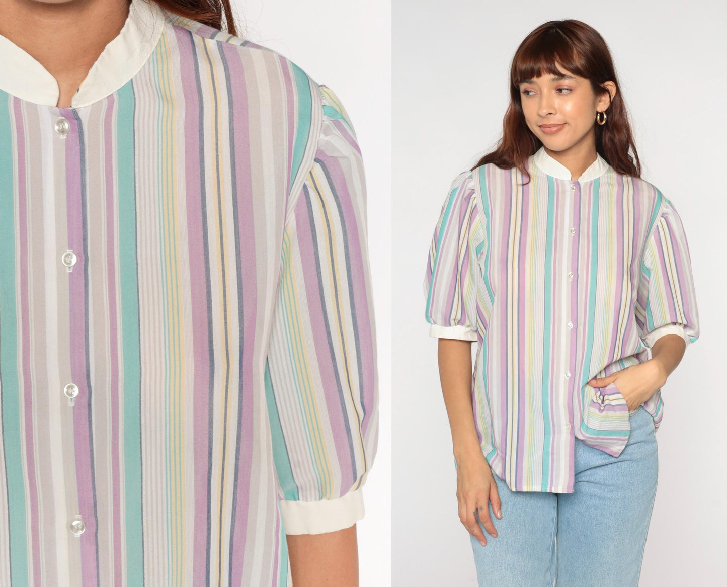 80s Koret Pastel Striped Blouse Peter Pan Collar Puff Sleeve Small