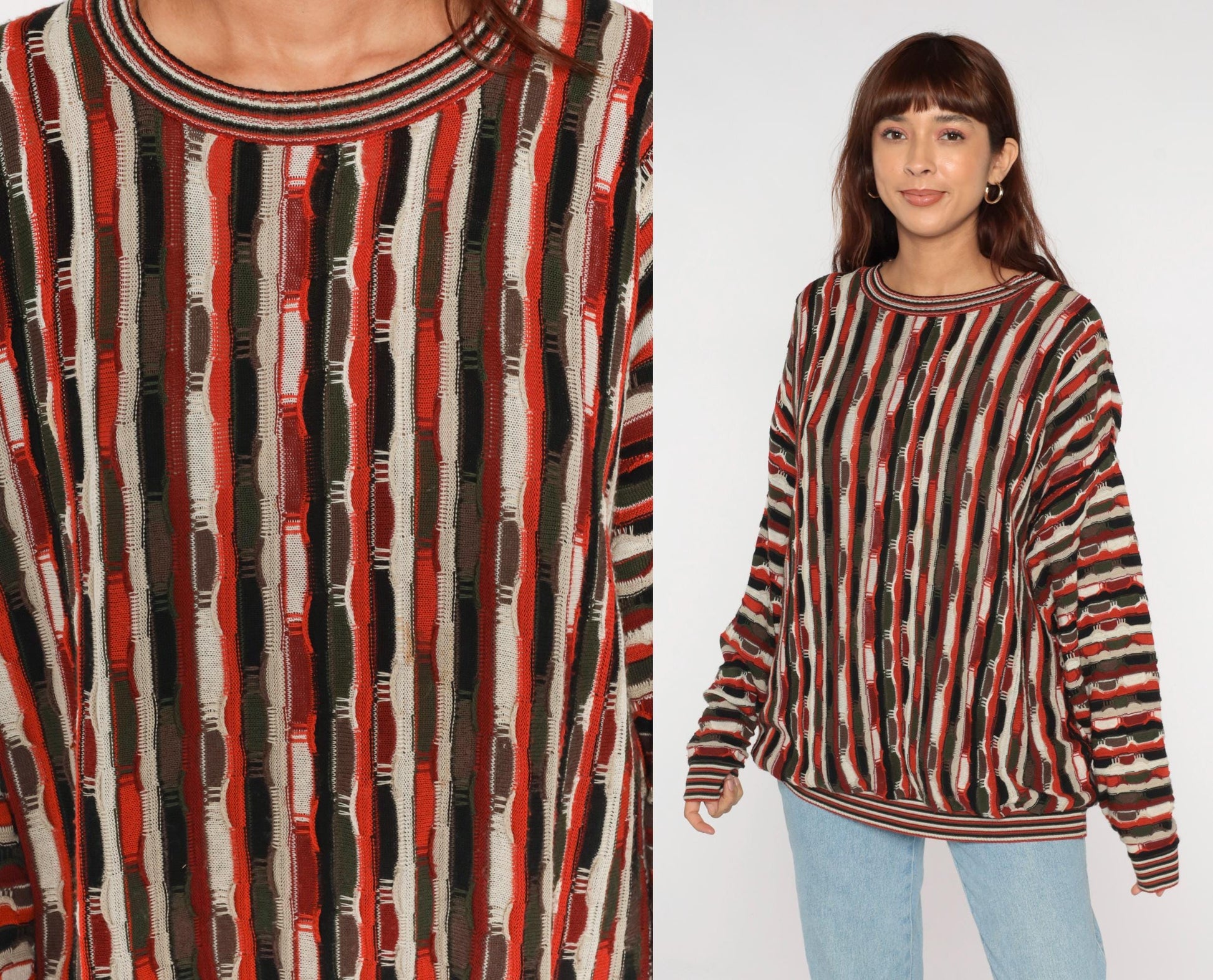 90s Protege Vertical Stripe Crewneck Sweater Rust Orange Black Cream Extra Large