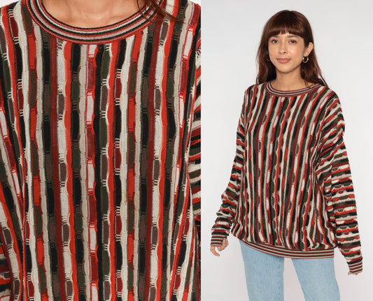 90s Protege Vertical Stripe Crewneck Sweater Rust Orange Black Cream Extra Large