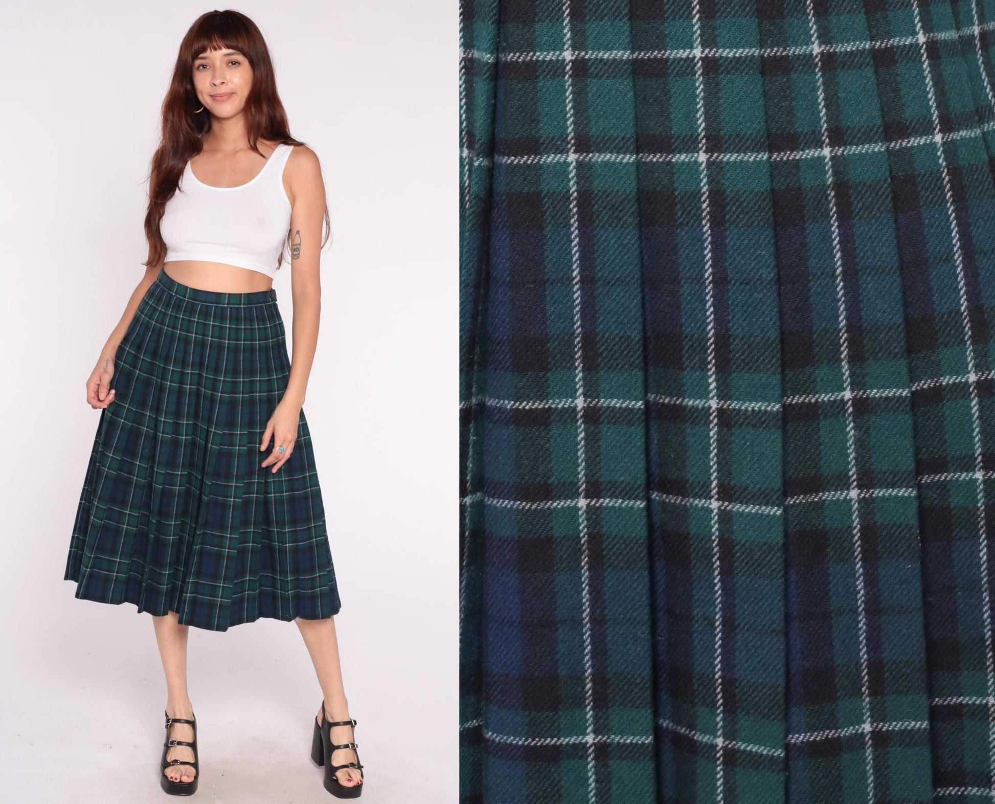 Pendleton Plaid Wool Skirt 80s Green Navy Tartan Pleated High Waist Small