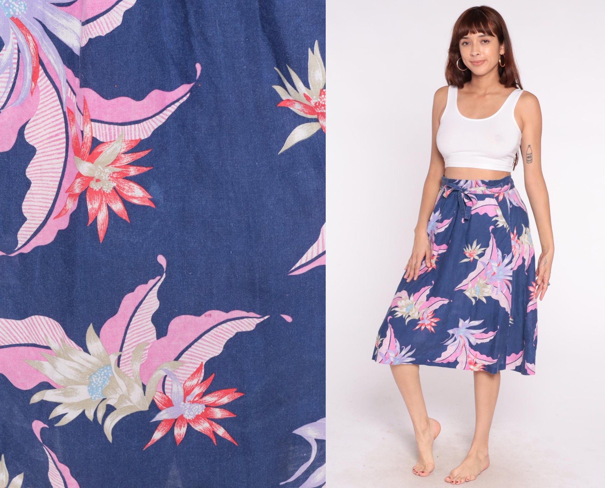 80s Sixpence Floral Wrap Skirt Navy Pink Purple Knee Length Small