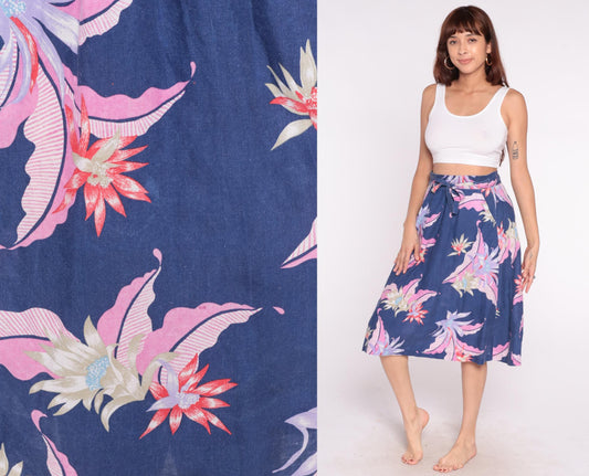 80s Sixpence Floral Wrap Skirt Navy Pink Purple Knee Length Small