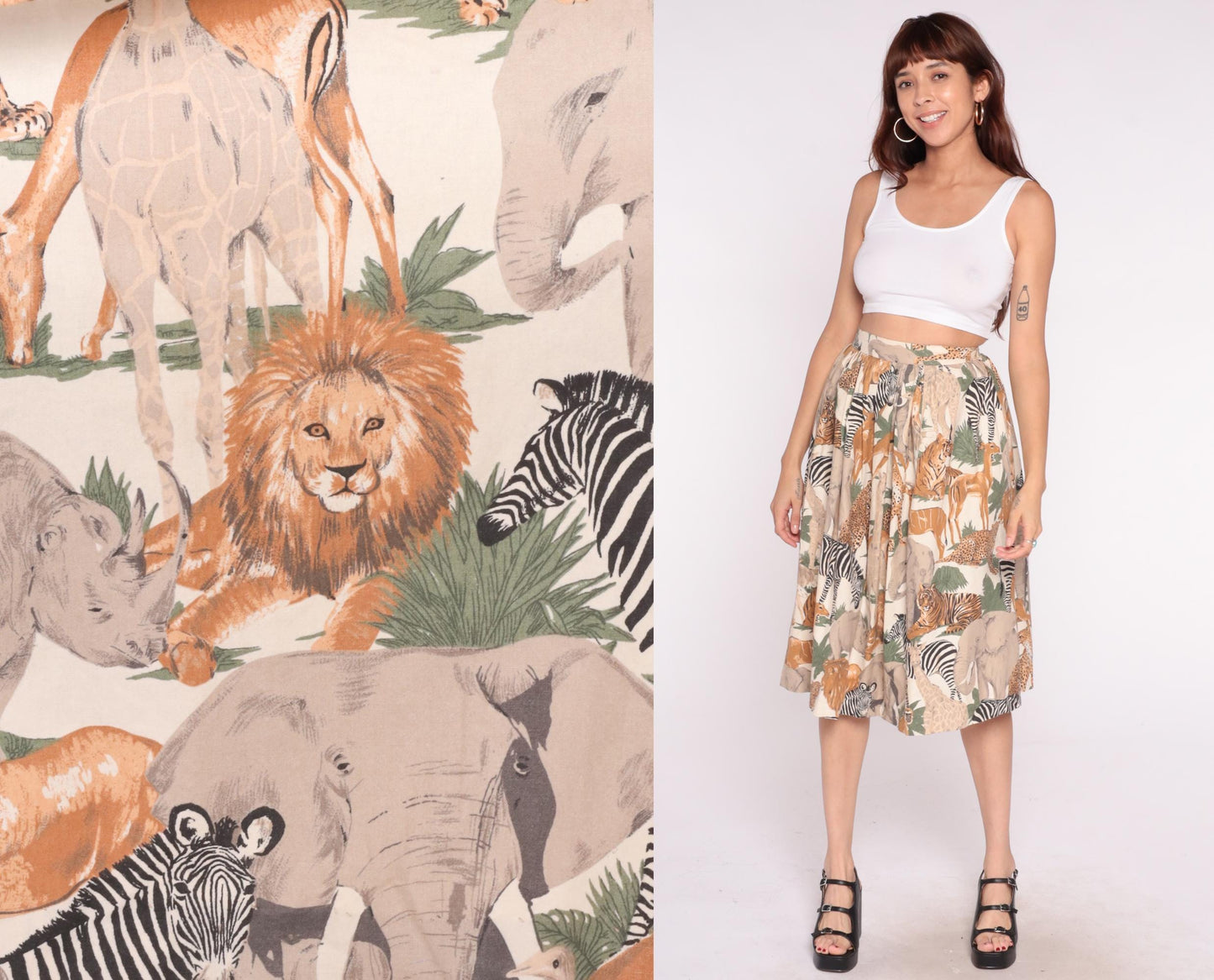 80s Safari Animal Print Skirt Cream Orange Pleated Elastic Waist Small