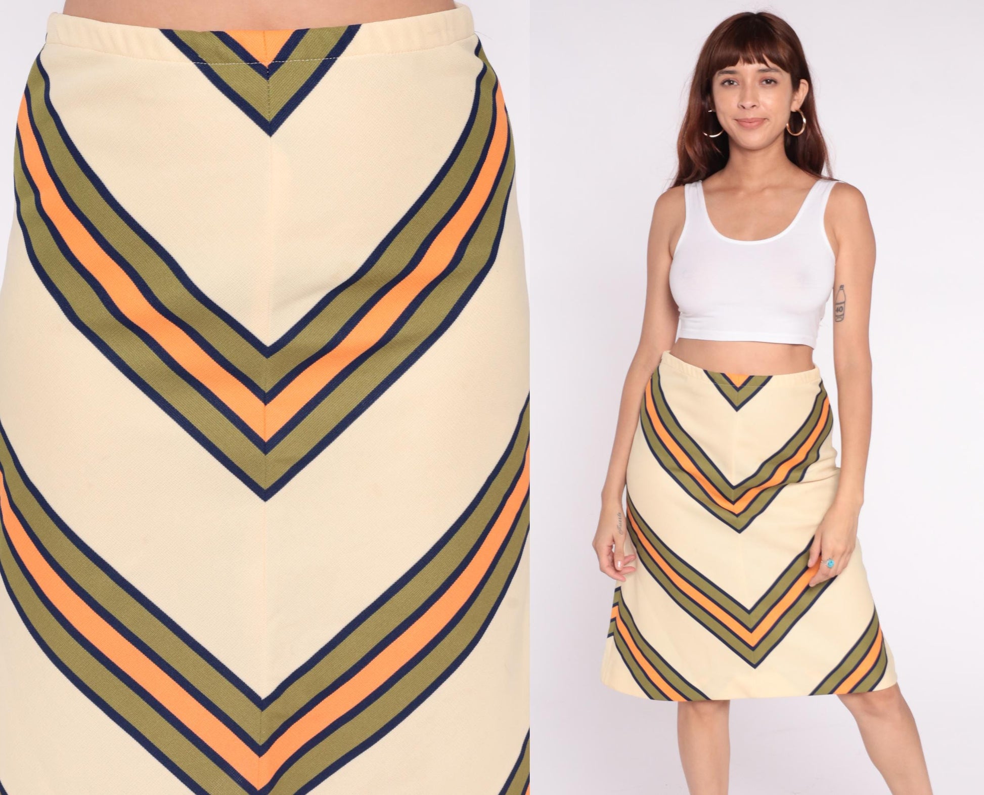 70s Chevron A-Line Skirt Cream Navy Orange Stripe Knee-Length Medium Large