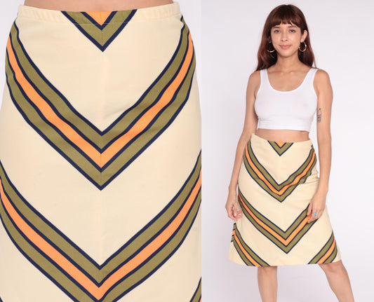 70s Chevron A-Line Skirt Cream Navy Orange Stripe Knee-Length Medium Large