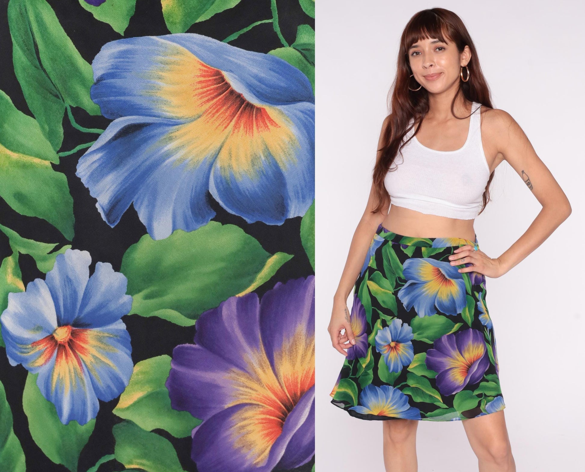 90s Liz Claiborne Silk Floral Skirt Knee-Length Black Purple Blue Medium