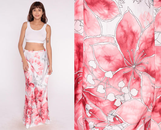 80s Tori Richard Floral Maxi Skirt Pink Coral Watercolor White Large