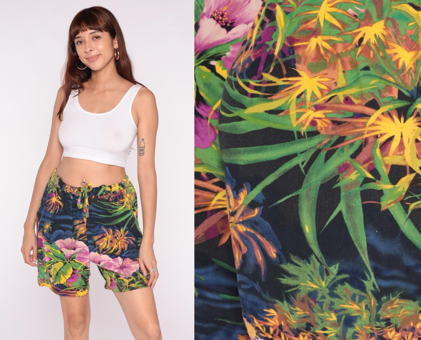Y2K Jams World Tropical Shorts Floral Palm Print High Waist Rayon Medium Large