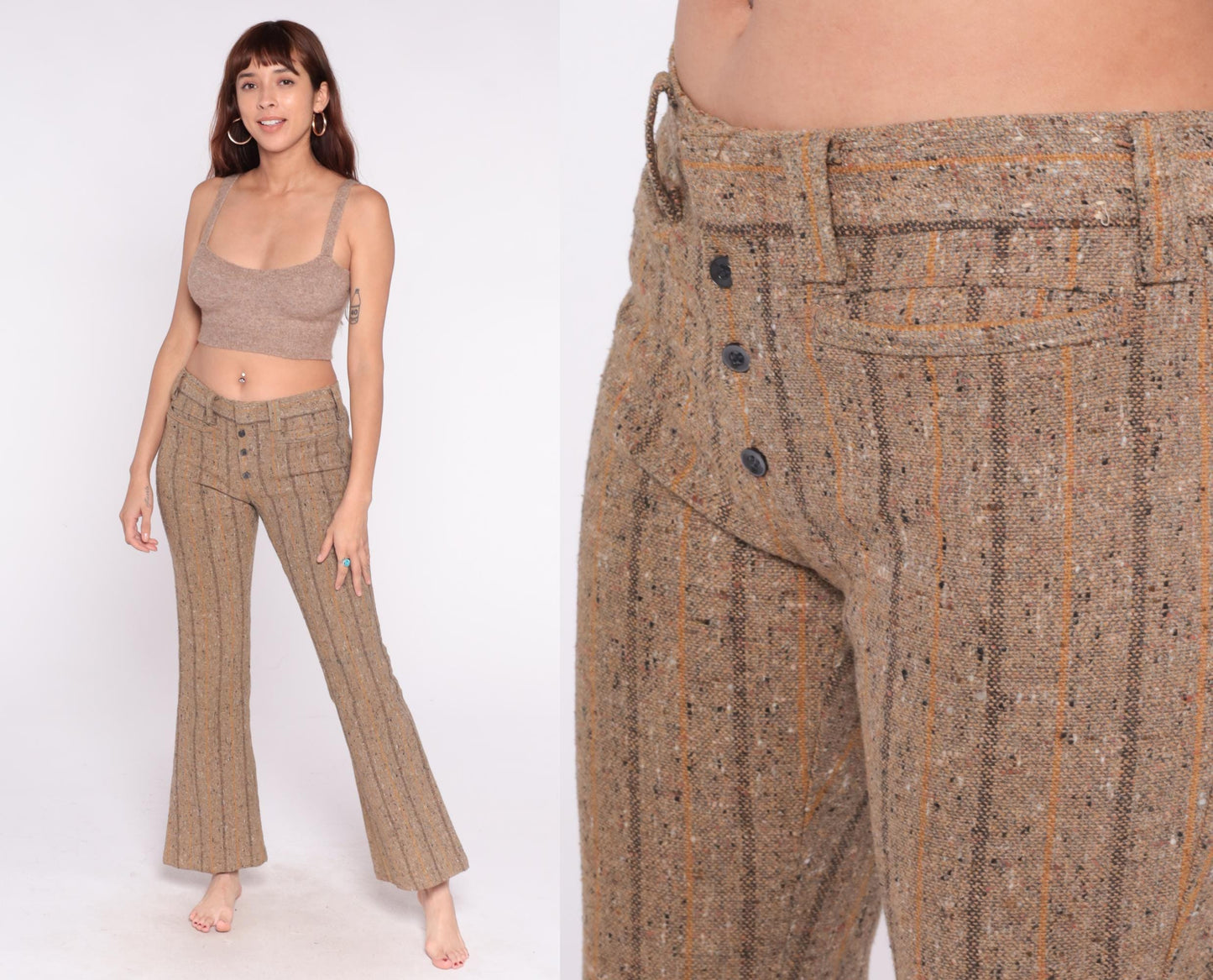 70s Brown Tweed Flare Pants High Waisted Striped Bell Bottom Medium M