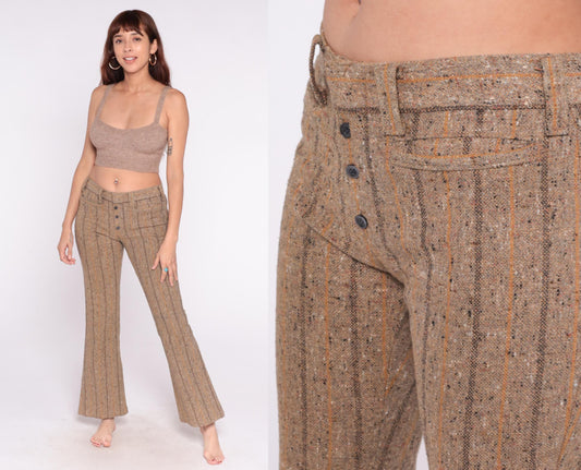 70s Brown Tweed Flare Pants High Waisted Striped Bell Bottom Medium M