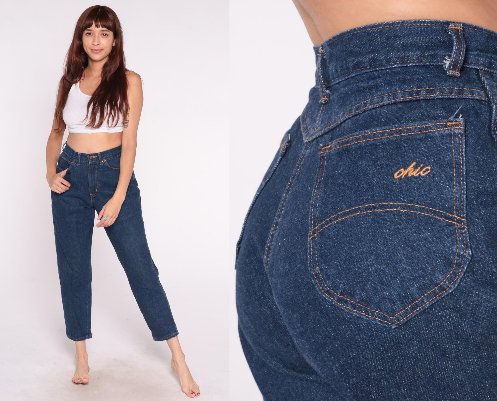 80s High Waisted Dark Wash Jeans Tapered Leg Five Pocket Denim Size 28