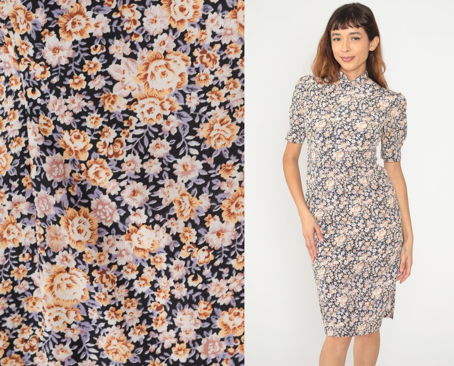 90s Floral Midi Dress Mandarin Collar Puff Sleeve Navy Peach Small