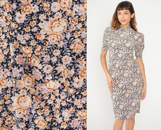 90s Floral Midi Dress Mandarin Collar Puff Sleeve Navy Peach Small