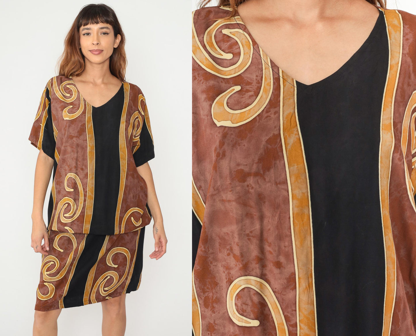 Y2K Tropical Tantrum Maxi Dress Brown Black Spiral V-Neck Flutter Sleeve Medium Large