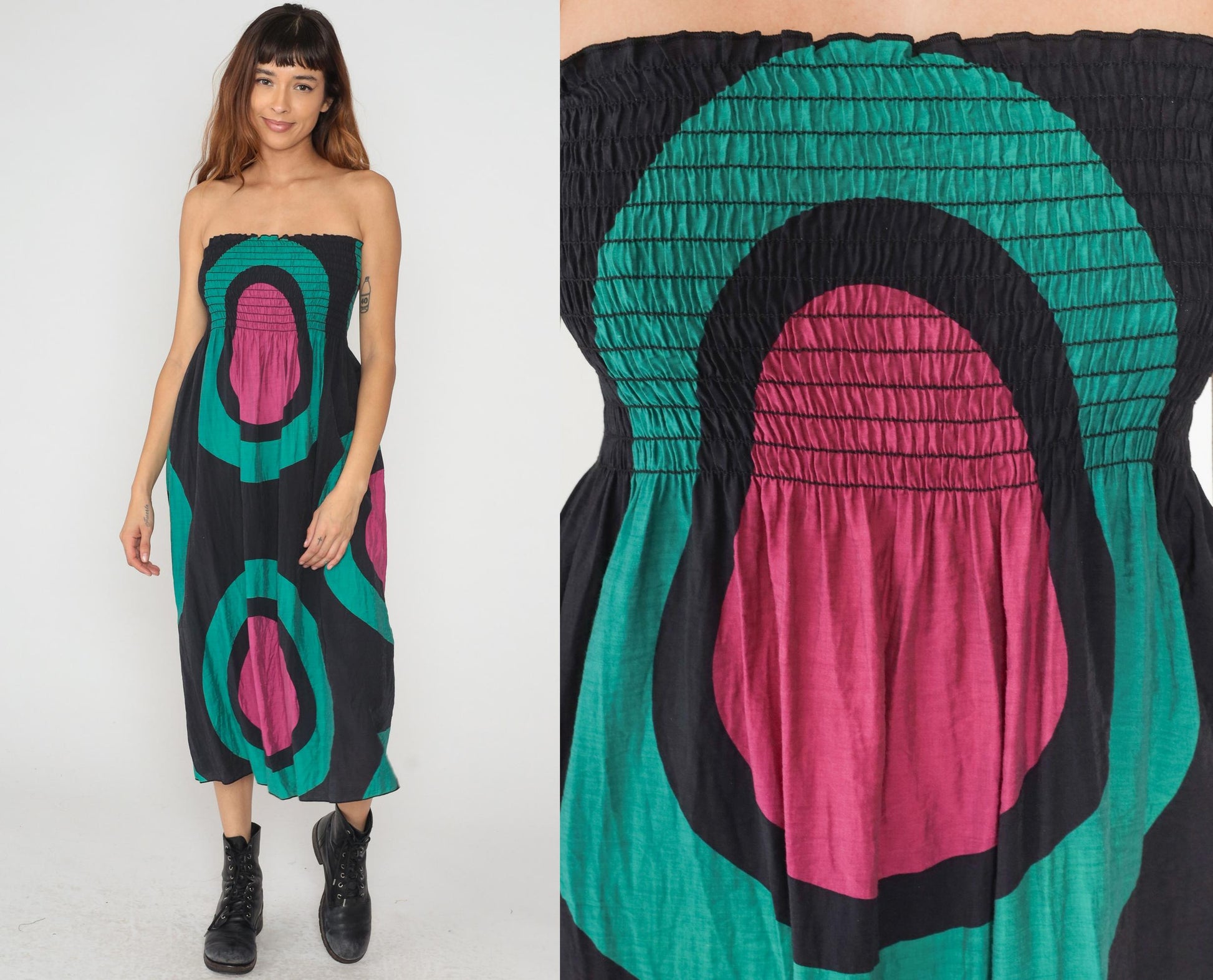 Y2K Hot and Delicious Strapless Dress Geometric Print Black Teal Magenta Large L