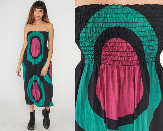 Y2K Hot and Delicious Strapless Dress Geometric Print Black Teal Magenta Large L