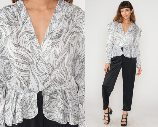 80s Wave Print Peplum Blouse Shoulder Pads V-Neck White Black Medium