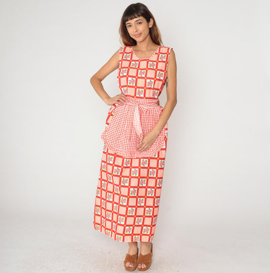 70s Design House Gingham Floral Maxi Dress Red White Pinafore Apron Small