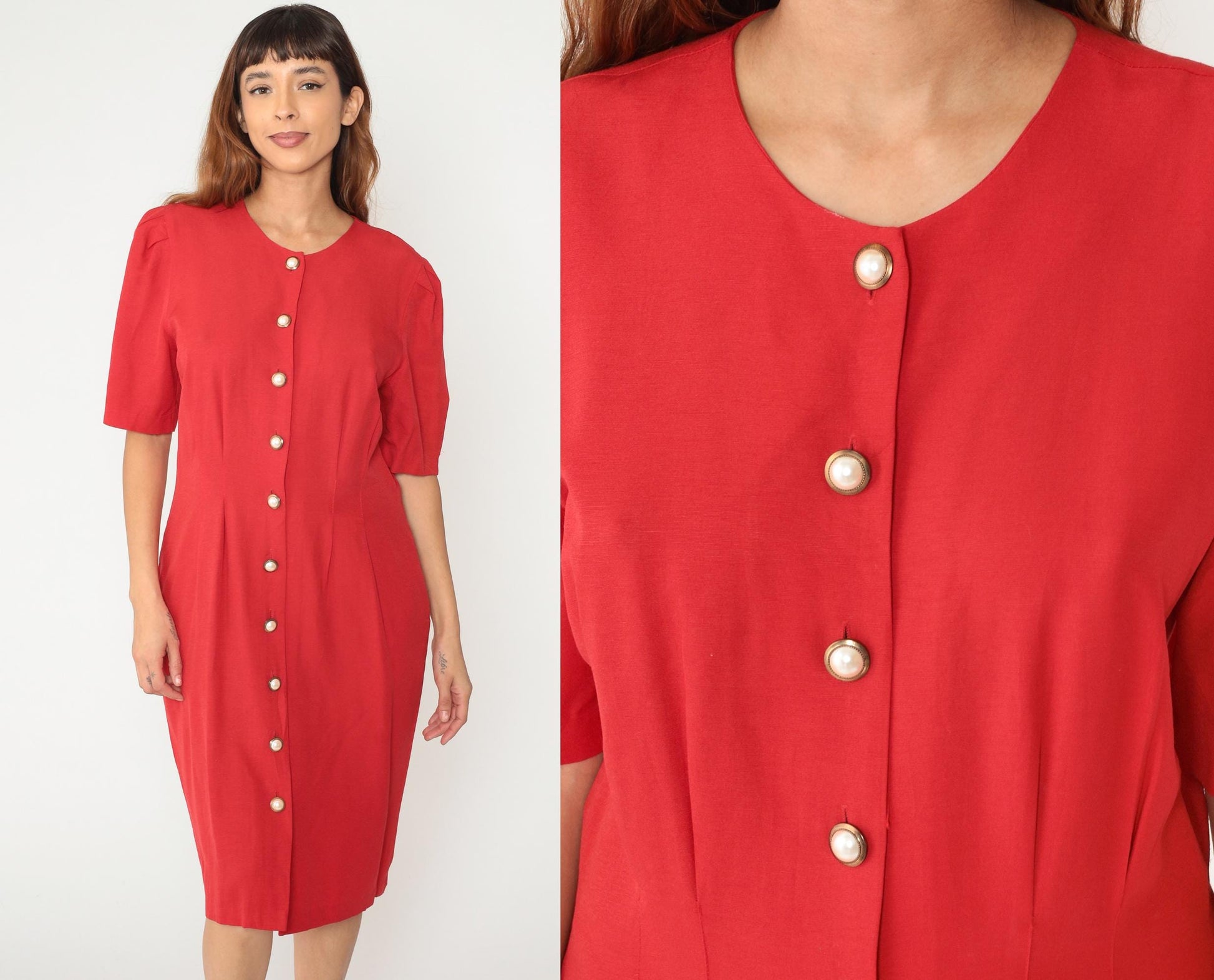 90s Caroline Wells Red Secretary Dress Pearl Buttons Short Sleeve Medium