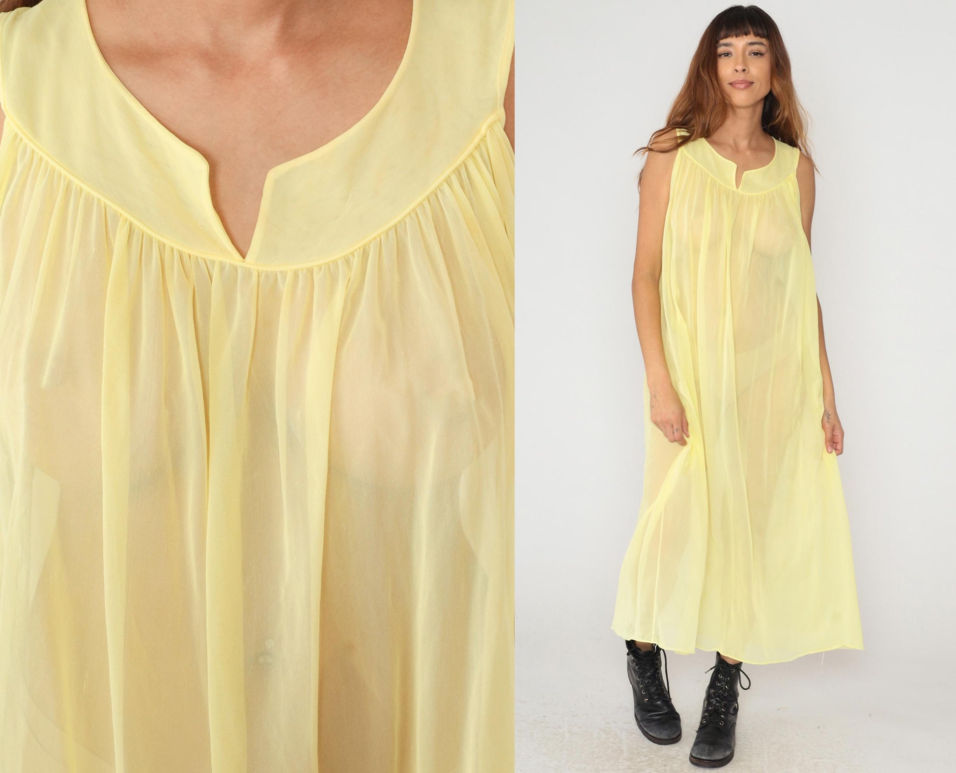 70s Yellow Maxi Nightgown Wide Collar Sleeveless Gathered Bodice Medium