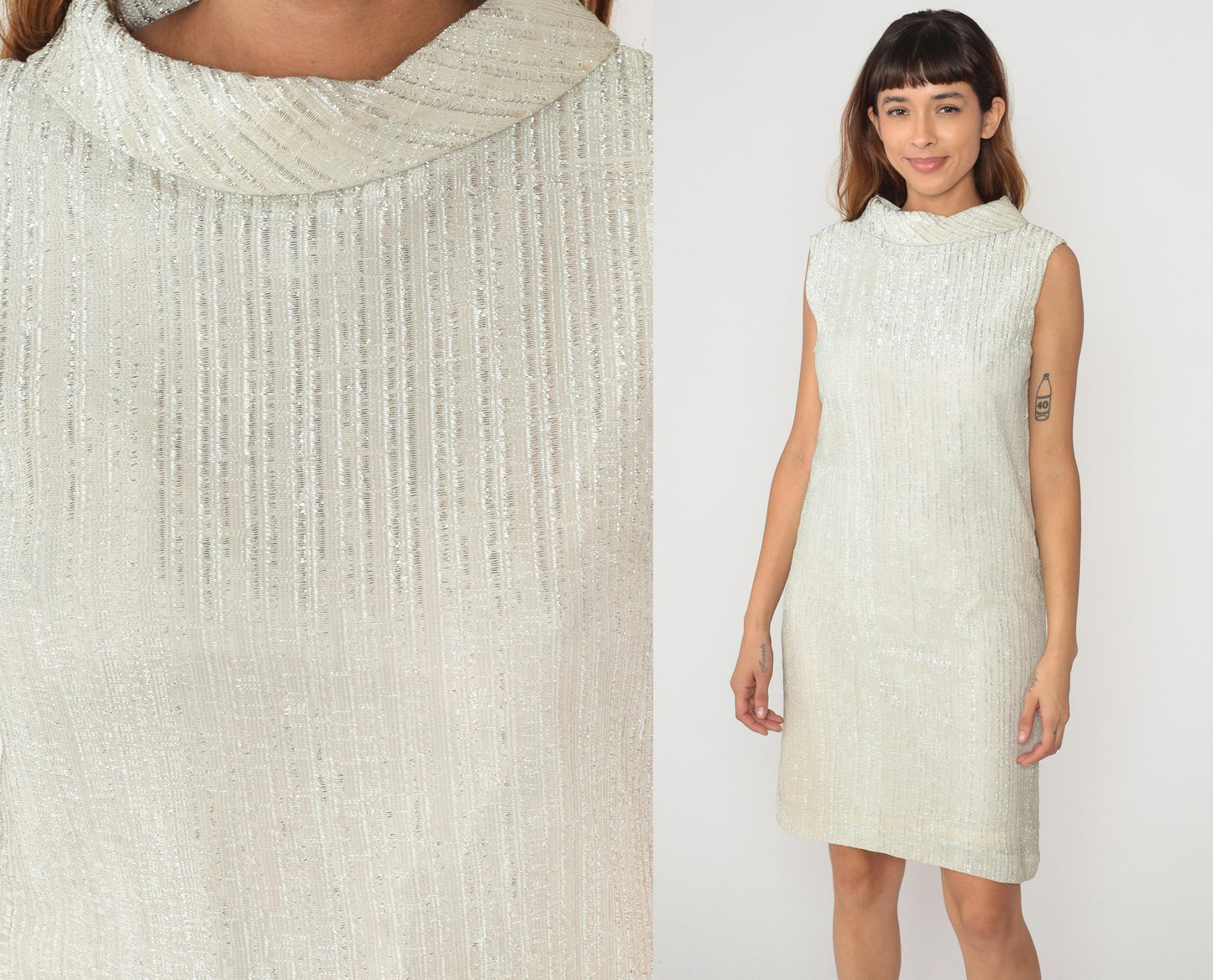 70s Fritzi of California Metallic Shift Dress Cream Collar Sleeveless Small