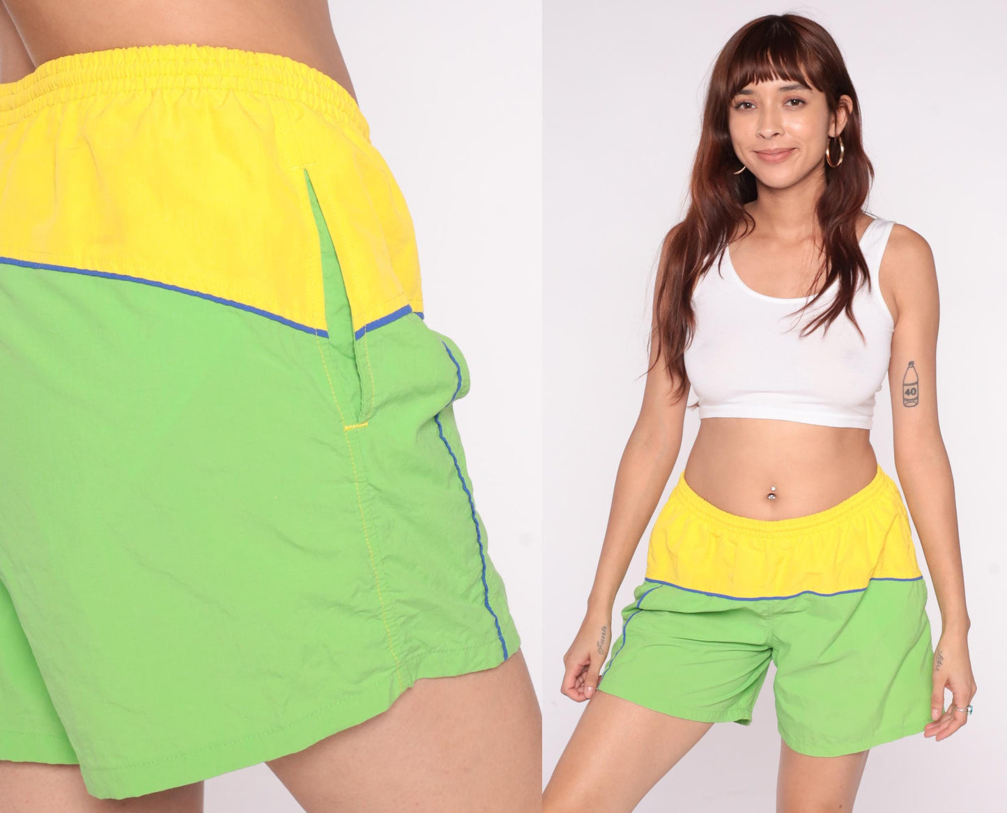 80s Colorblock Athletic Shorts Neon Yellow Lime Green Blue Piping Medium