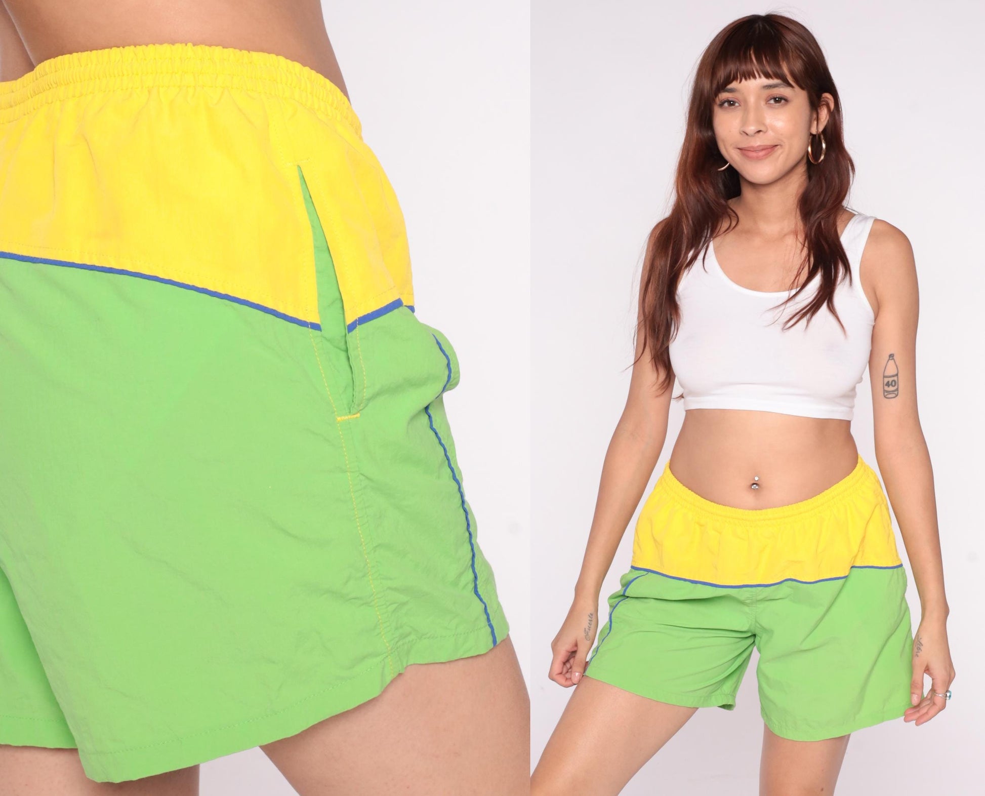 80s Colorblock Athletic Shorts Neon Yellow Lime Green Blue Piping Medium