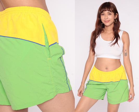 80s Colorblock Athletic Shorts Neon Yellow Lime Green Blue Piping Medium