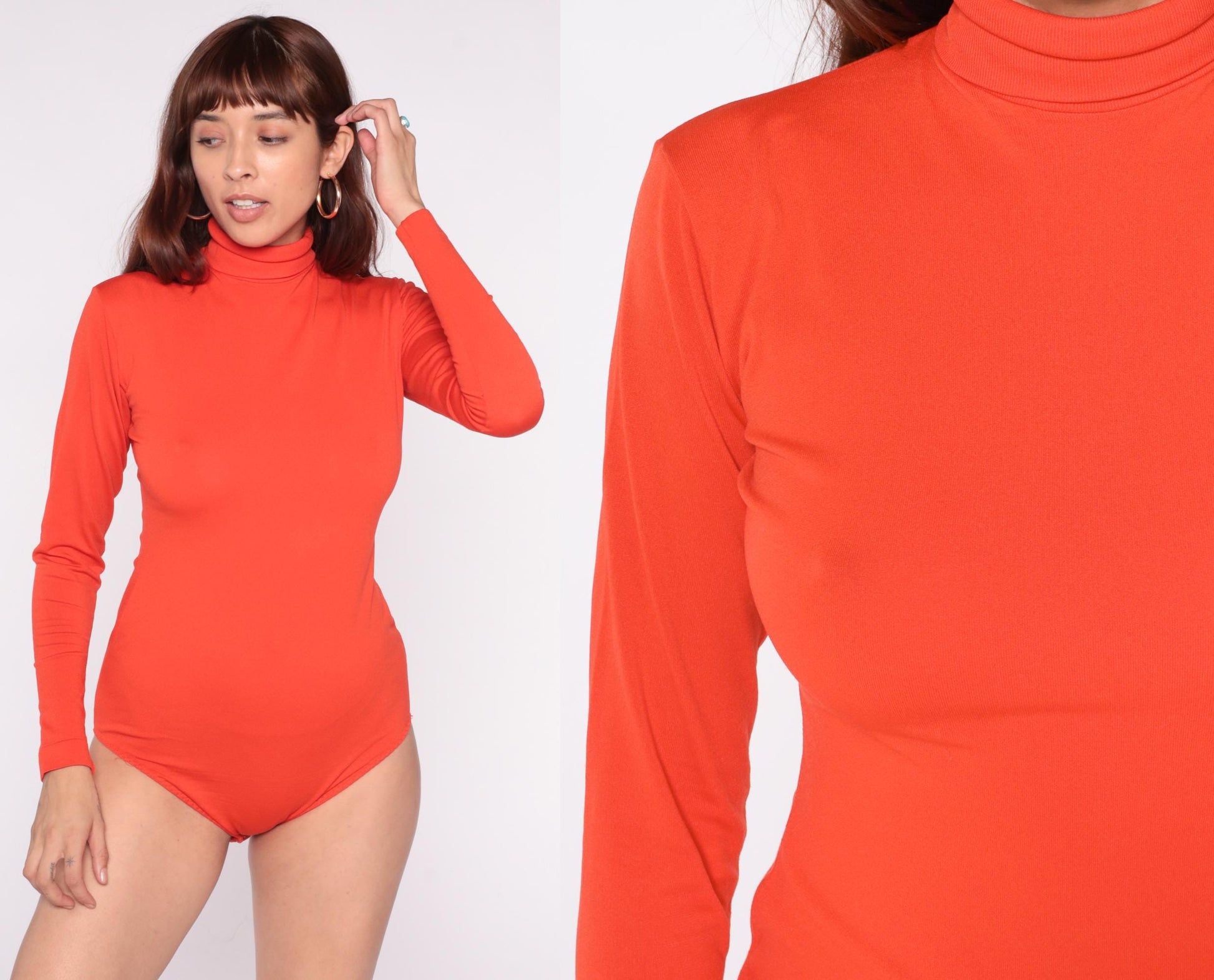 70s Orange Mock Turtleneck Bodysuit Long Sleeve Zip Back Medium