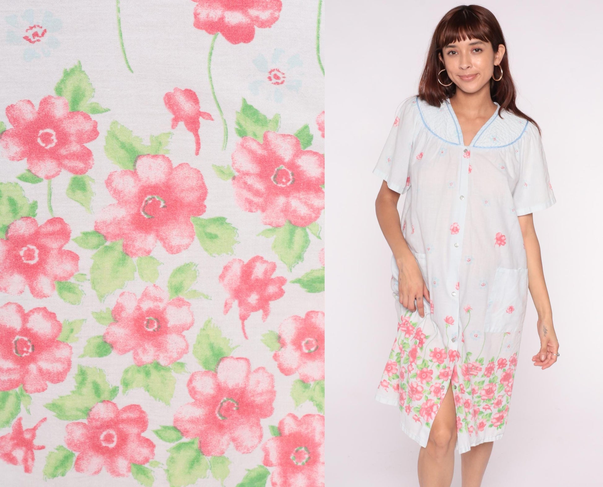 90s Emily Stacy Floral Nightgown White Pink Border Cotton Small