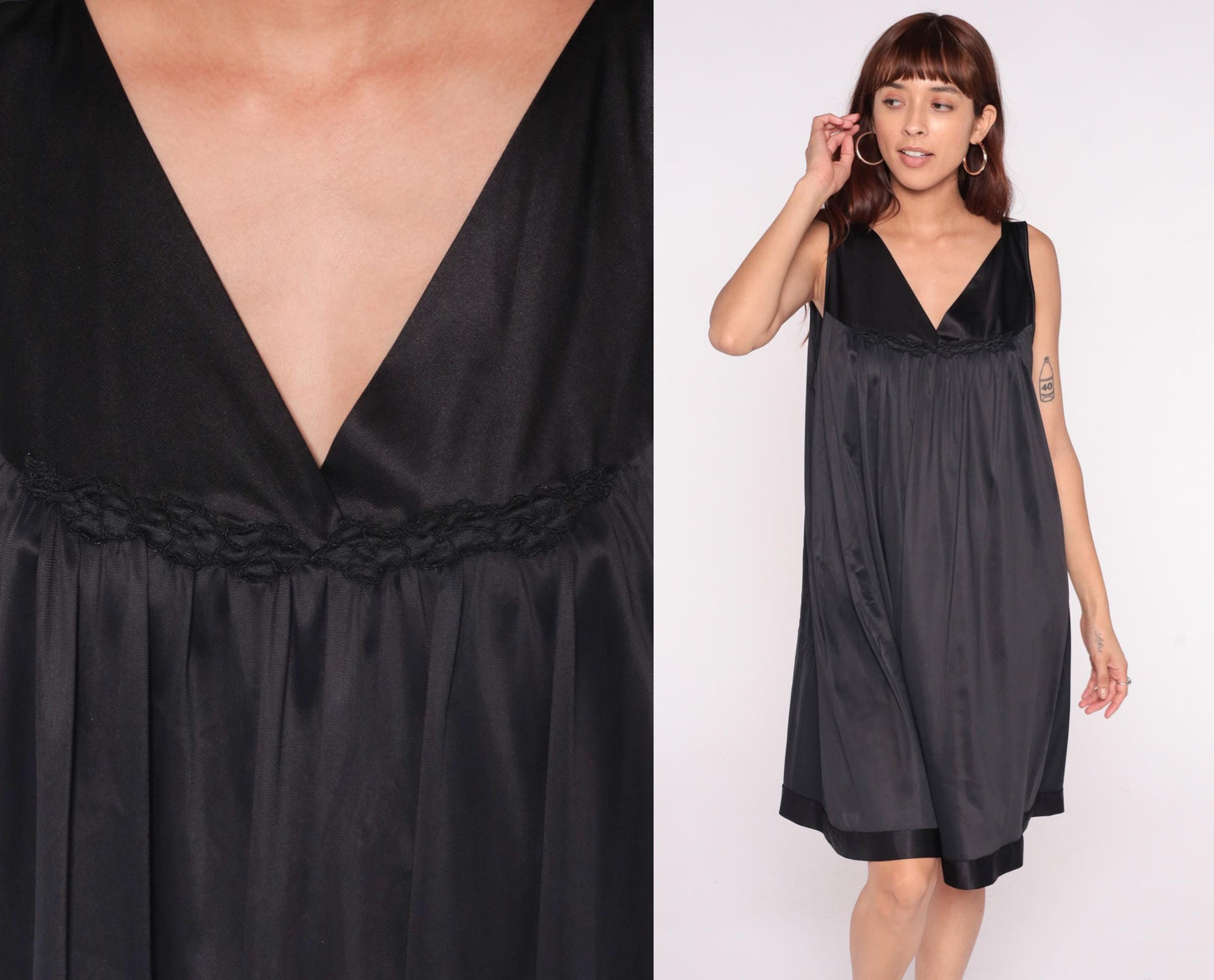 90s Vanity Fair Black Slip Dress Empire Waist V-Neck Satin Trim Plus Size 1X