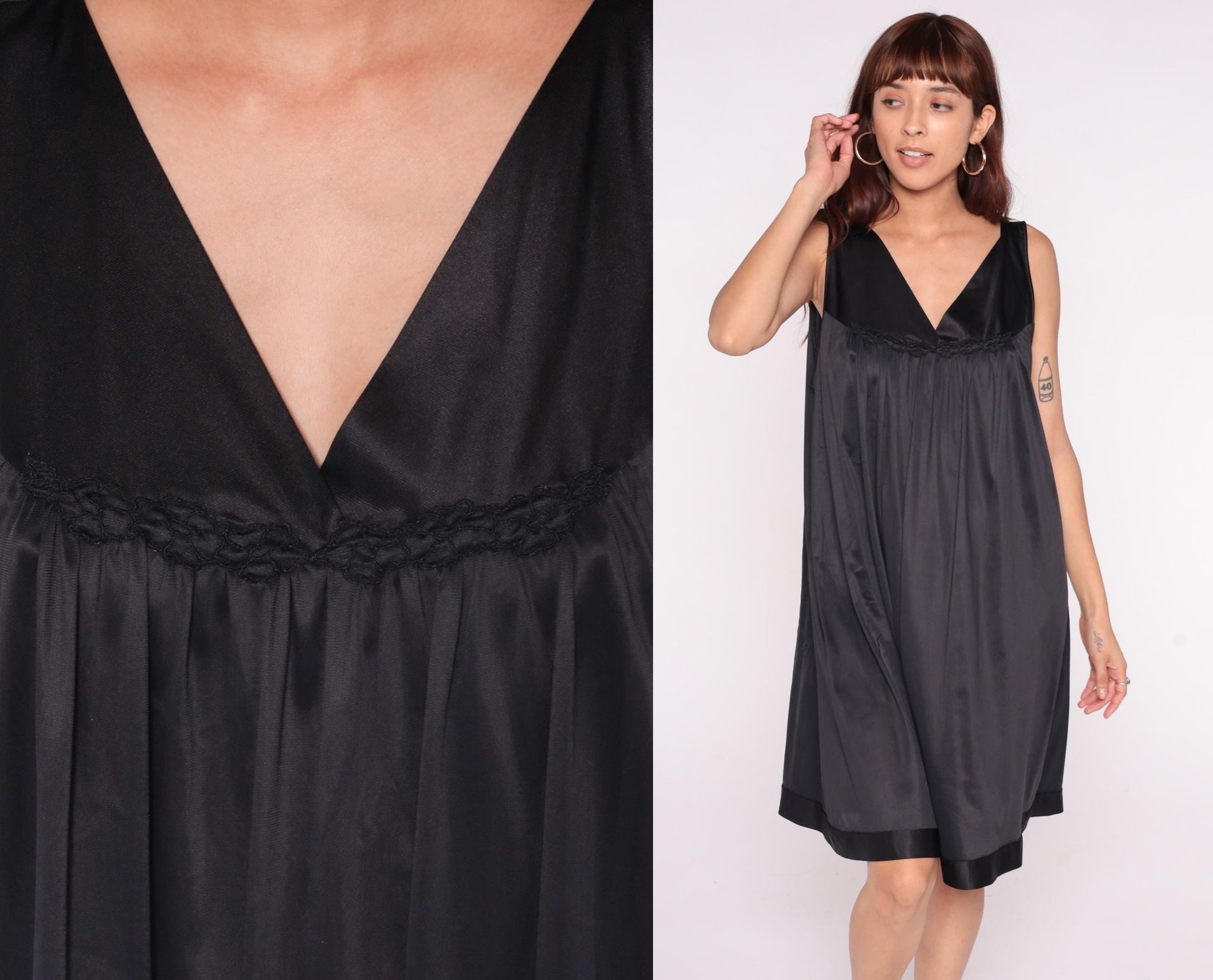 90s Vanity Fair Black Slip Dress Empire Waist V-Neck Satin Trim Plus Size 1X