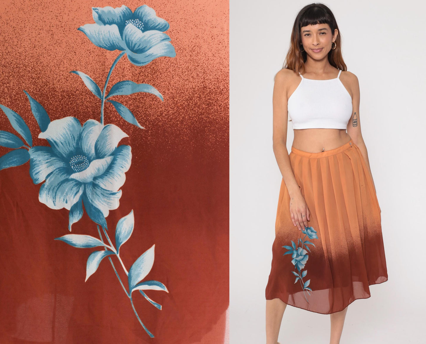 70s Peachy Brown Ombre Pleated Knee Skirt Blue Floral Small