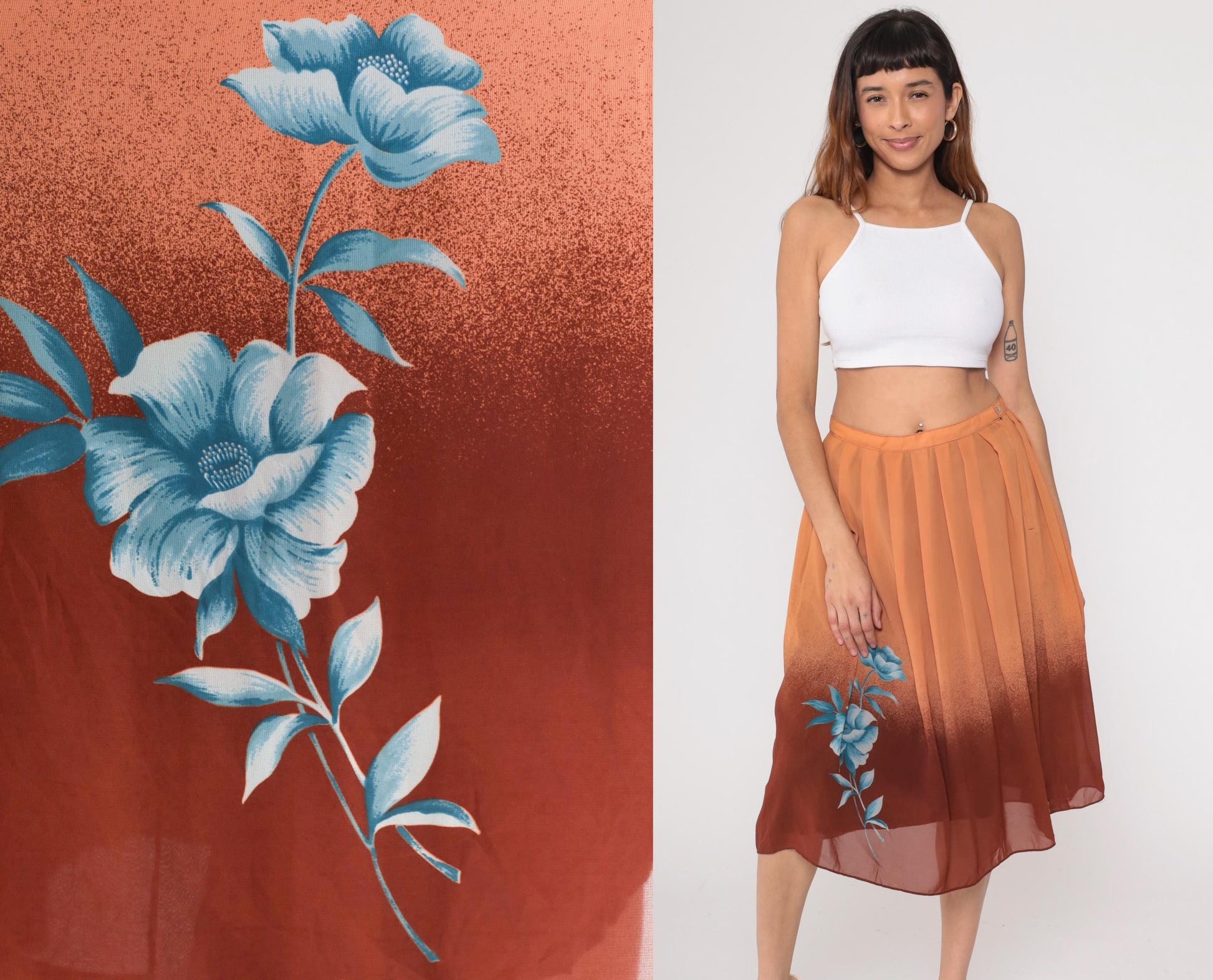 70s Peachy Brown Ombre Pleated Knee Skirt Blue Floral Small