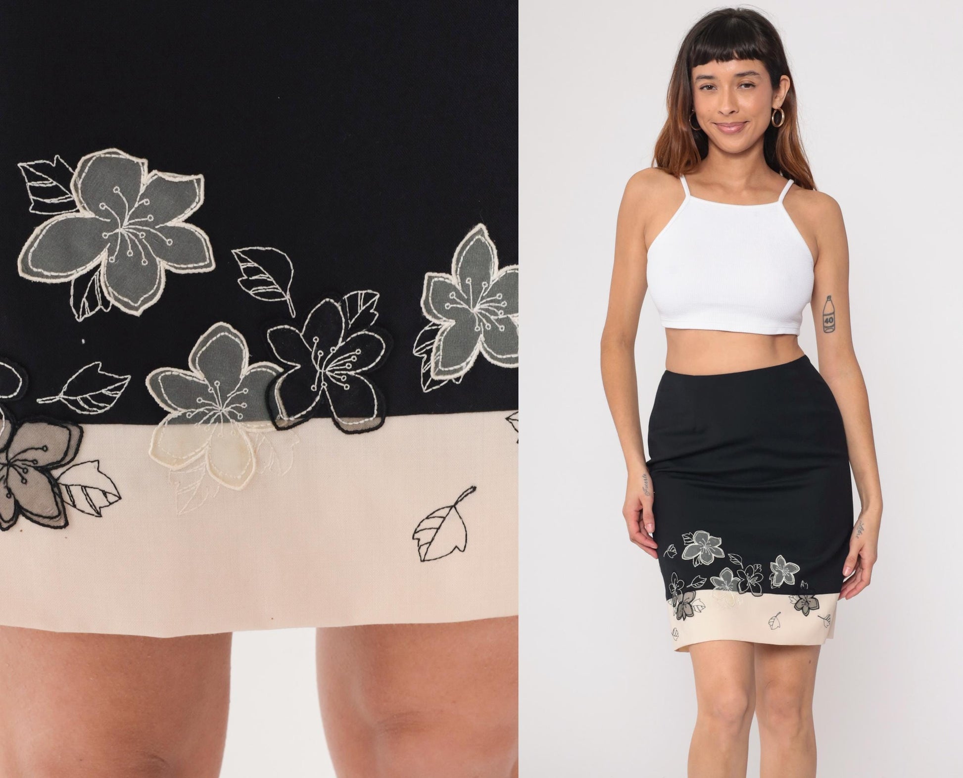 Y2K Loft Wool Pencil Skirt Black Cream Floral Embroidered Knee Length Small