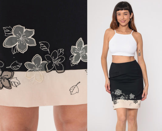 Y2K Loft Wool Pencil Skirt Black Cream Floral Embroidered Knee Length Small