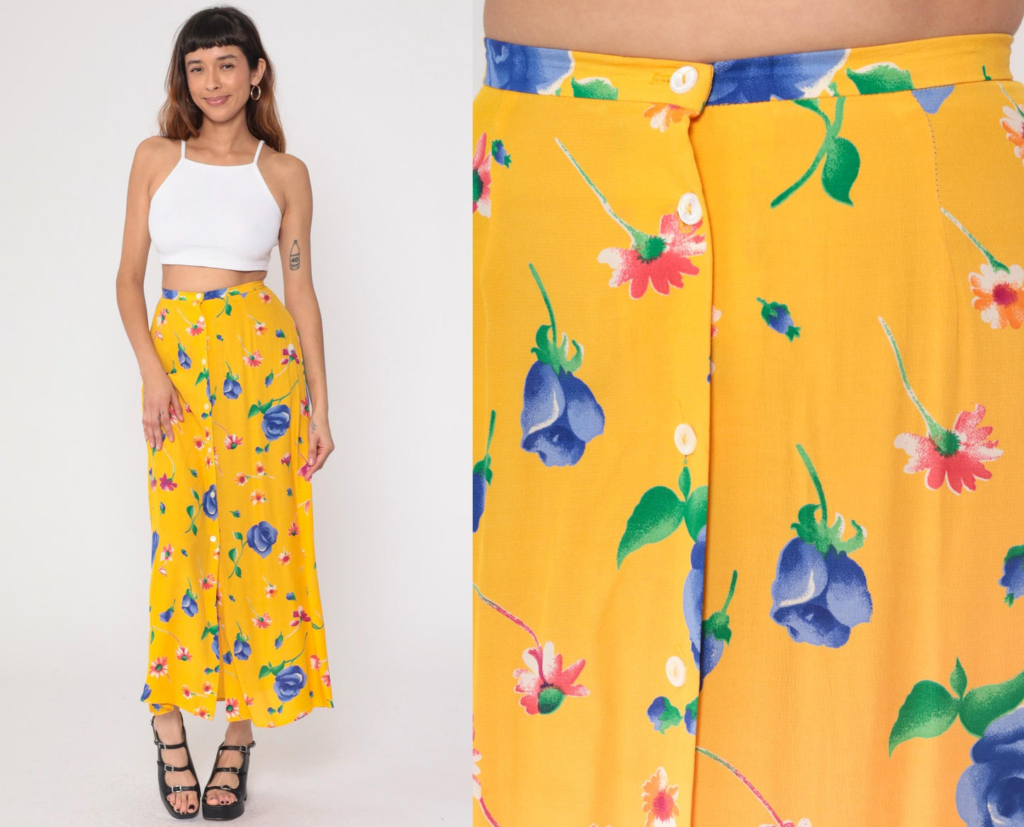 90s Breeches Yellow Floral Maxi Skirt Button Front Small