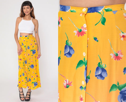 90s Breeches Yellow Floral Maxi Skirt Button Front Small