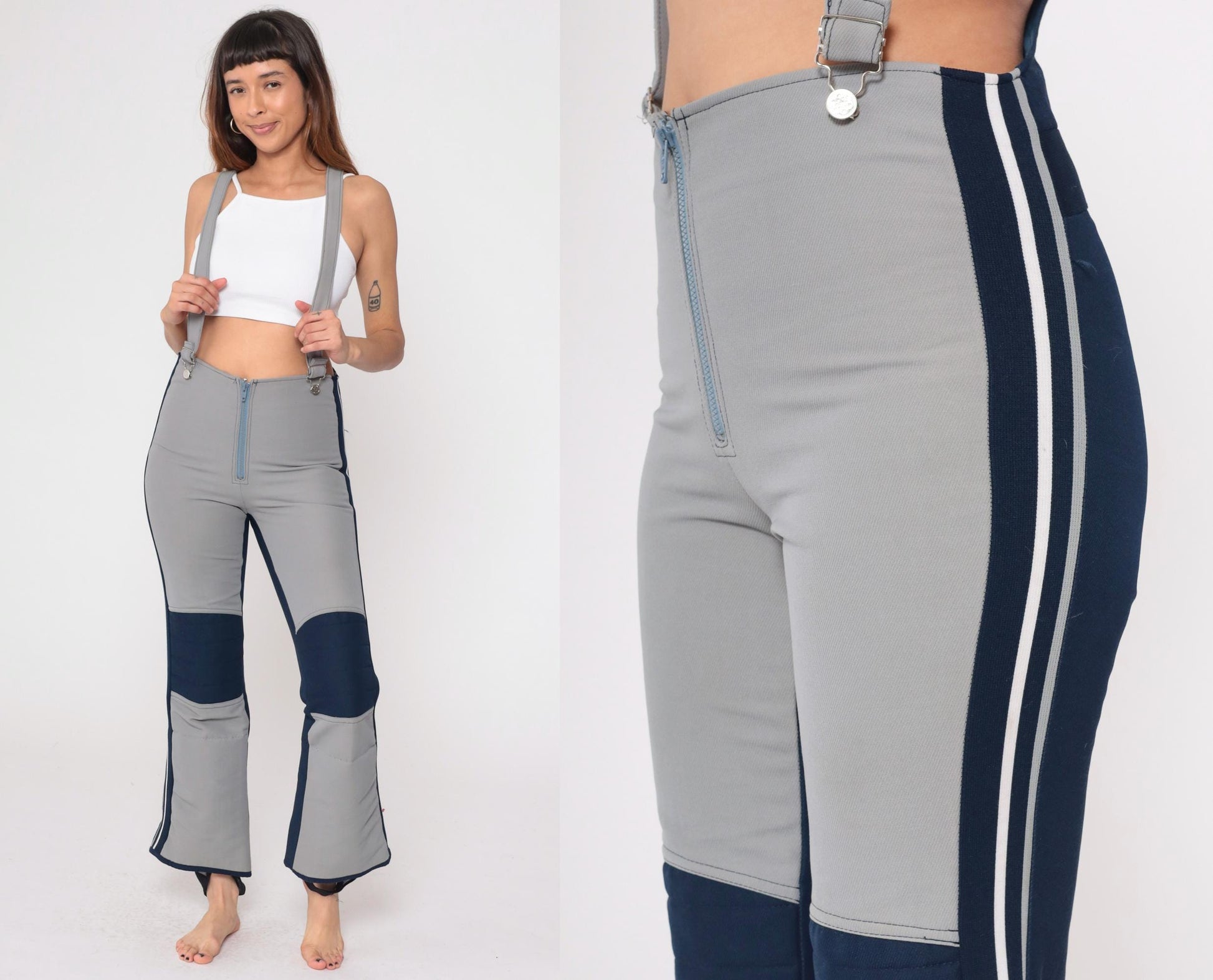 70s Obermeyer Wool Ski Bib Pants Gray Navy Colorblock High Waisted Medium