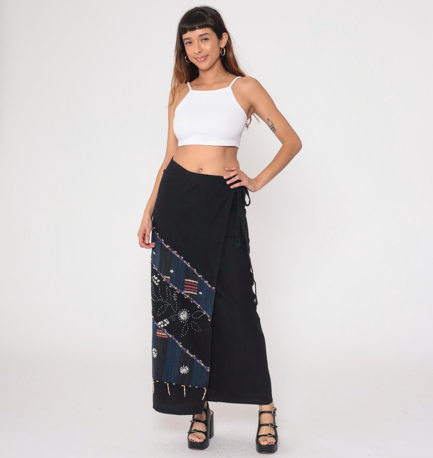 Y2K Black Wrap Skirt Beaded Navy Maxi Sequin Geometric Tribal Cotton Large