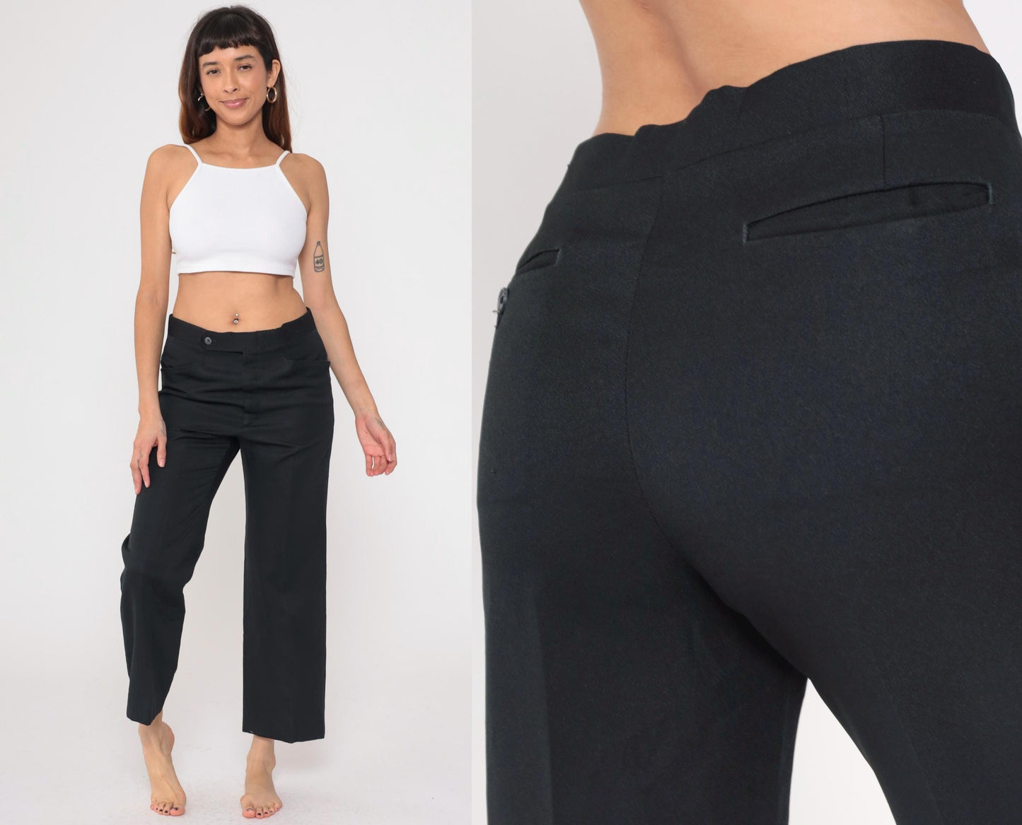 70s Black Expand-O-Matic High Waist Straight Leg Trousers Cropped Medium