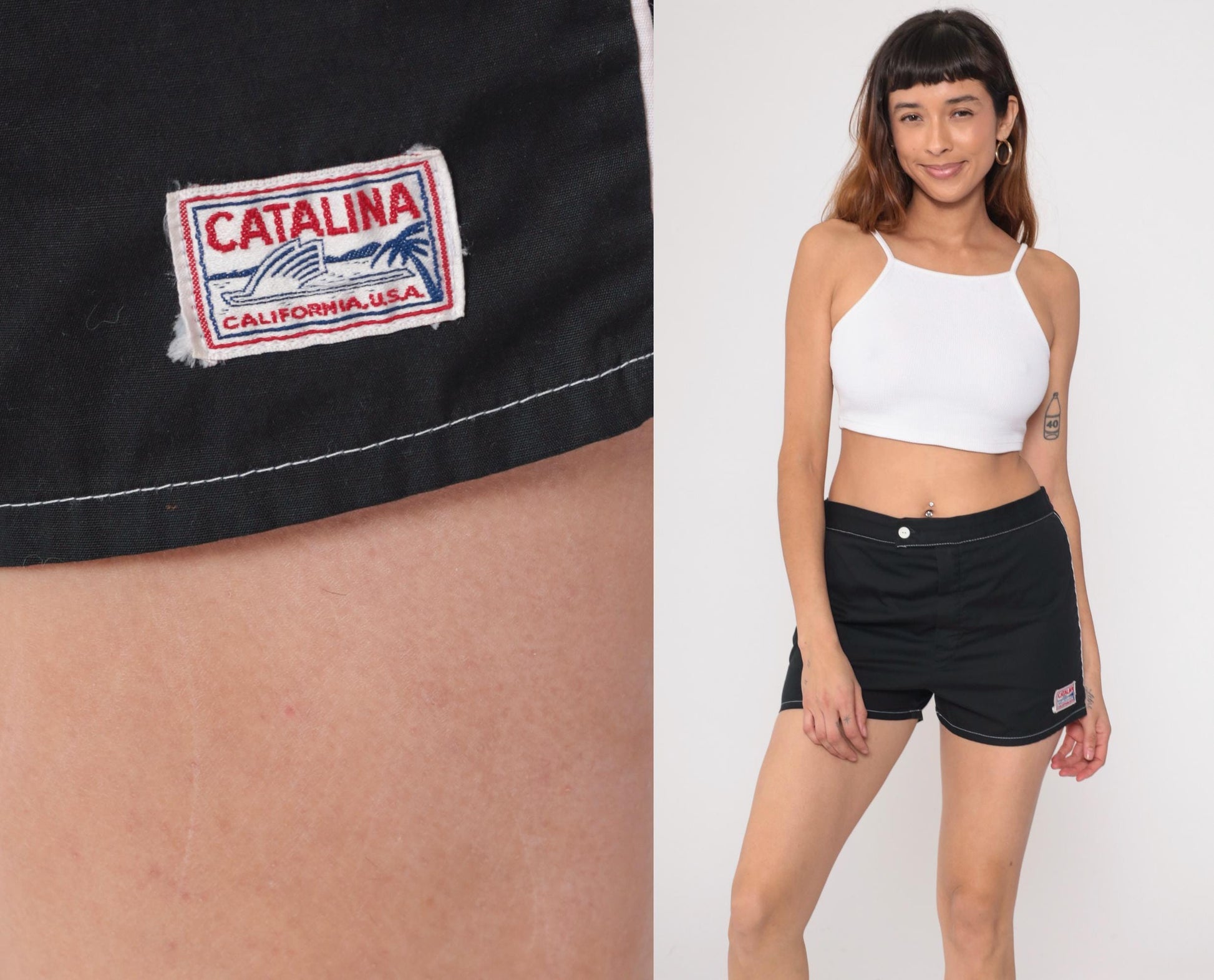 70s Catalina Black Swim Shorts White Contrast Stitching Elastic Waist Large