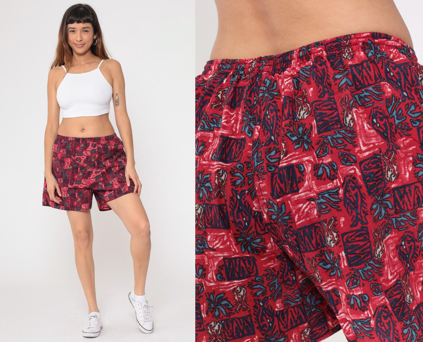 90s Newport Blue Tropical Swim Shorts Red Floral High Rise Medium